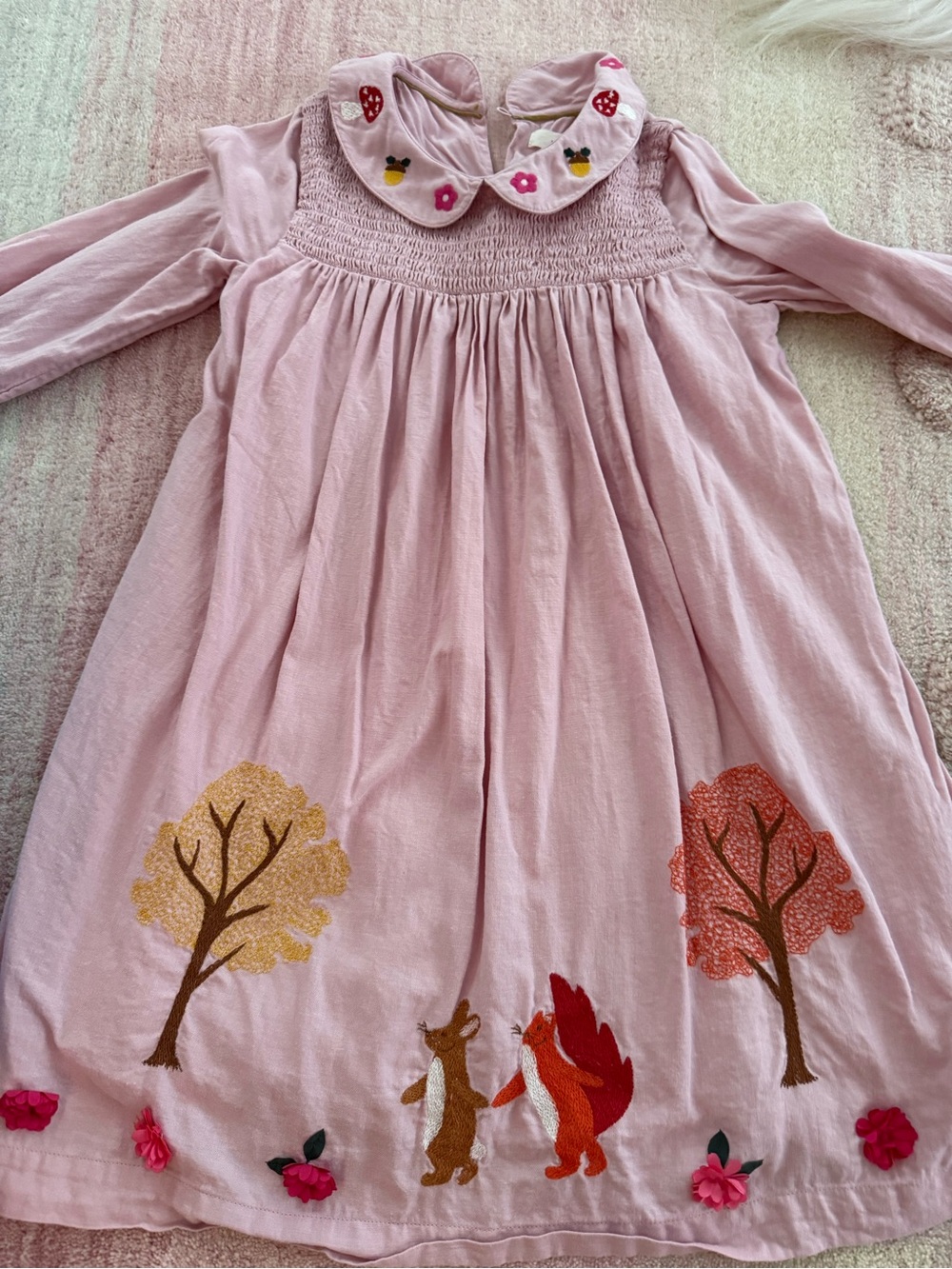 Mini Boden Pink Woodland Smocked Dress with Appliqué